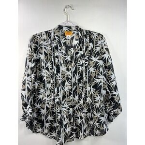 Ruby Rd Tunic Top Women's Sz PM Black/Tan Print Roll Tab‎ Sleeve Button Front